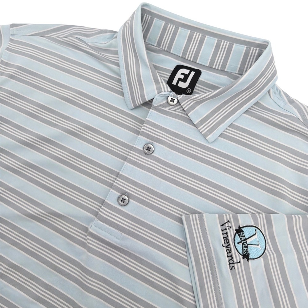 FootJoy Polo Shirt Mens XL Blue Striped Performance Stretch Naples Vineyard Logo